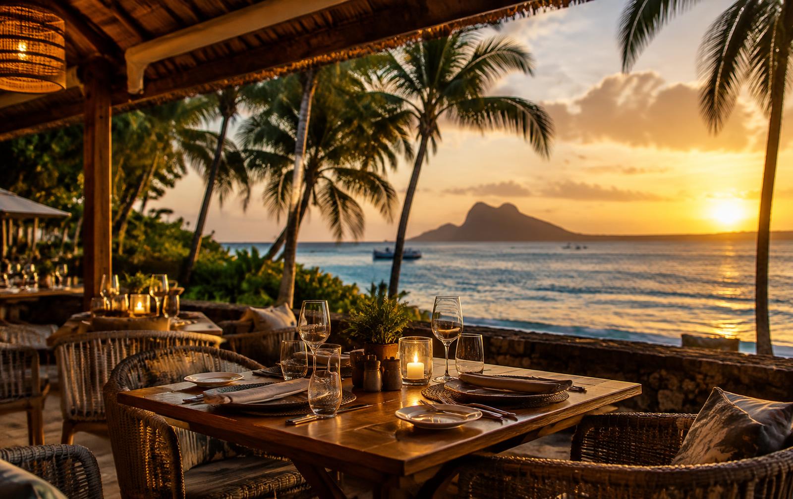 Seaside restaurant terrace at sunset in Mauritius